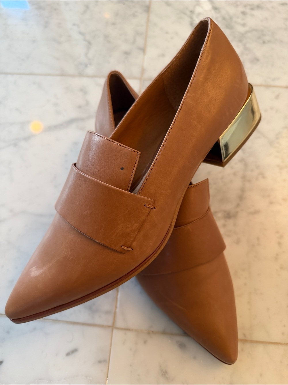 SARTO By Franco Sarto Cognac Pointed Toe Loafers w/ Gold Heel